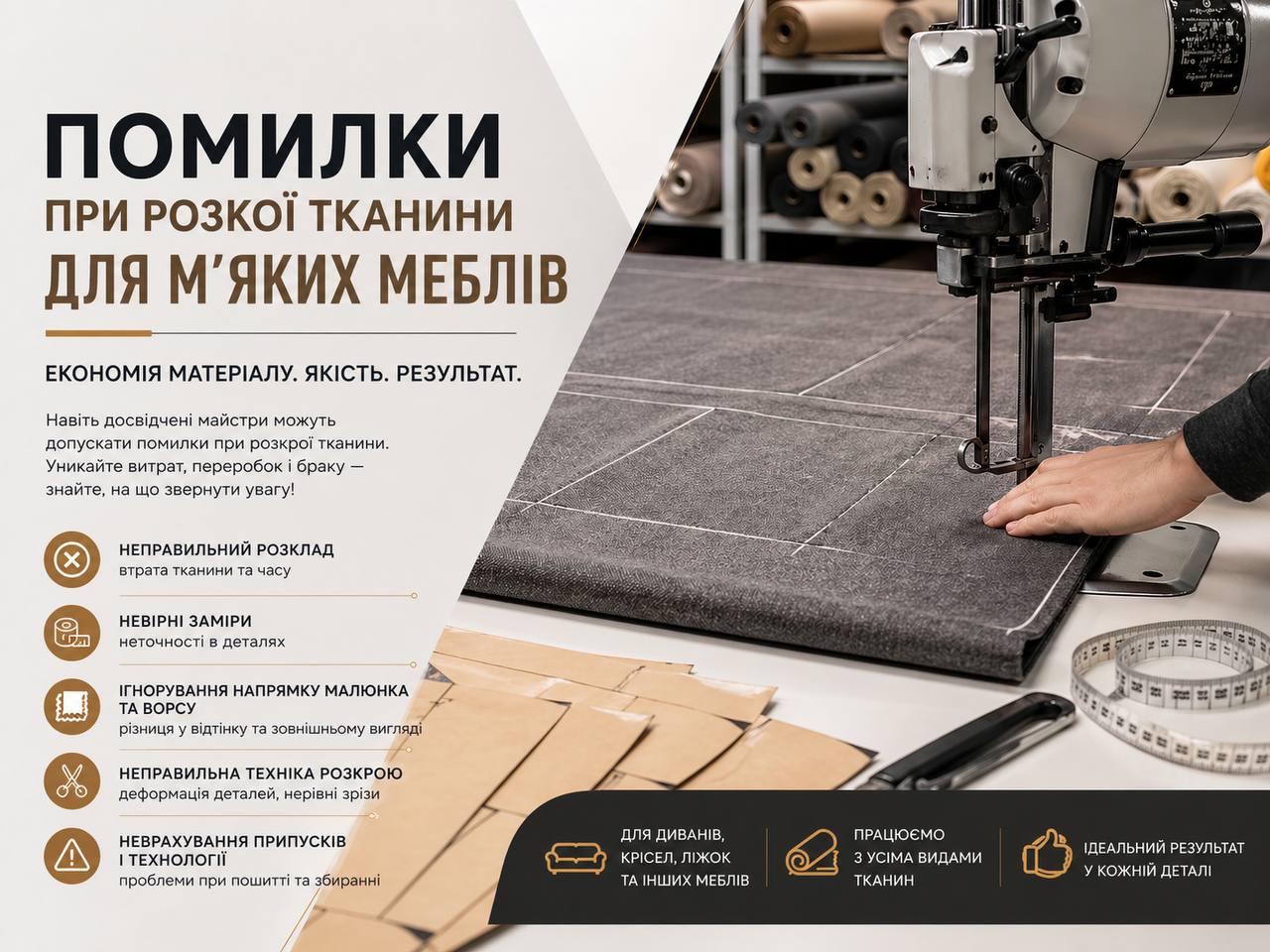 Найпоширеніші помилки під час розкрою тканини для м’яких меблів